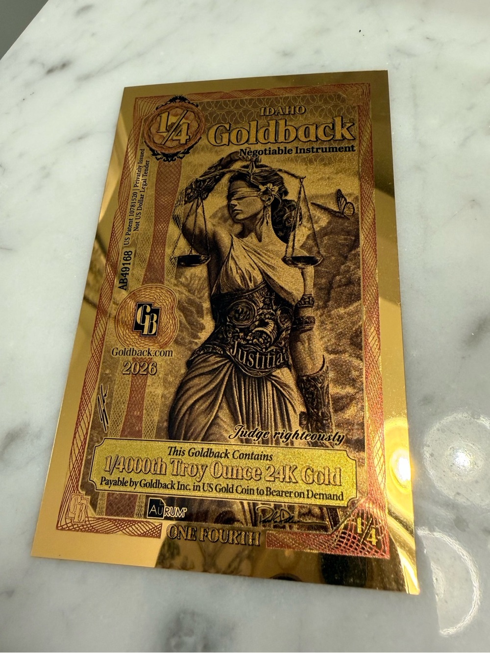 2026 1/4 Idaho Goldback note
